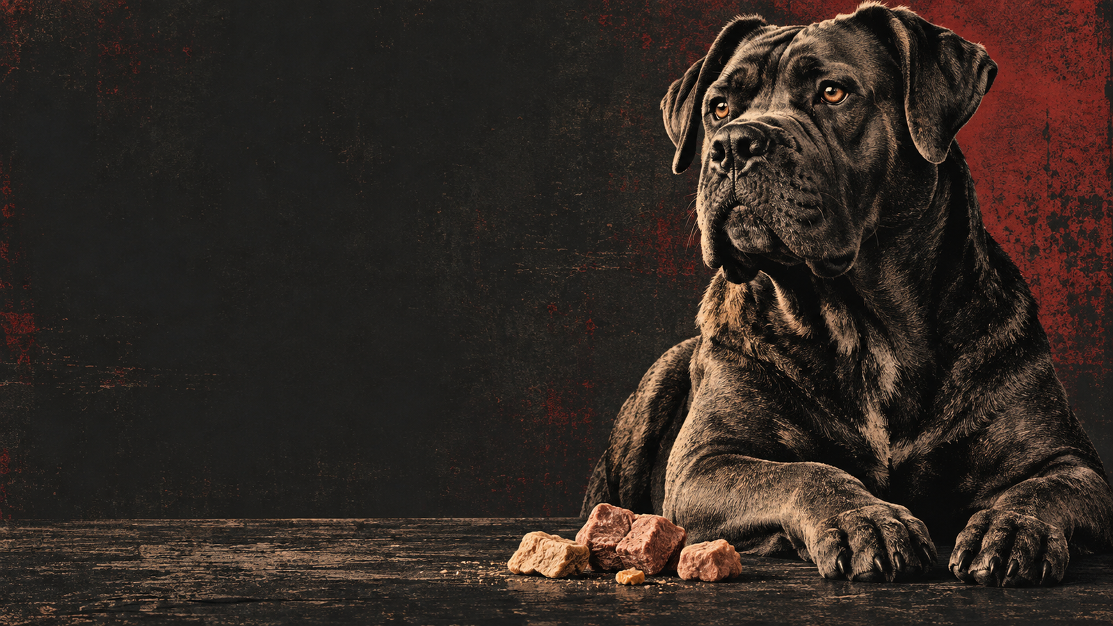 Original illustration of a Cane Corso beside freeze-dried treats