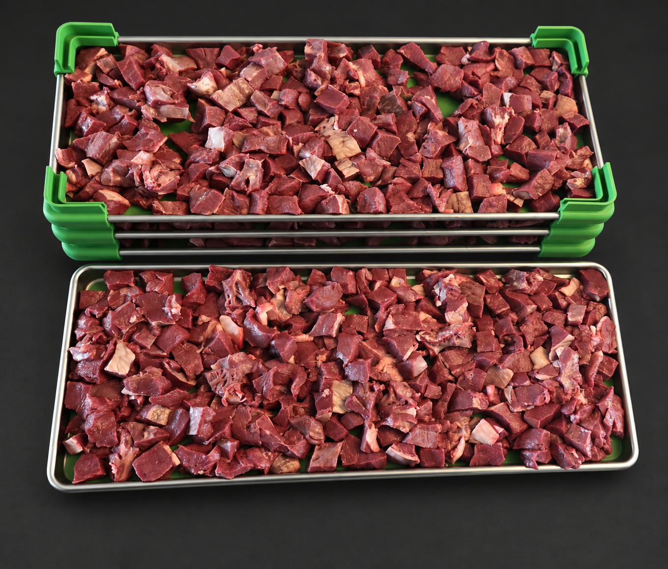 Raw beef heart pieces arranged on stainless steel trays with green liners before freeze drying