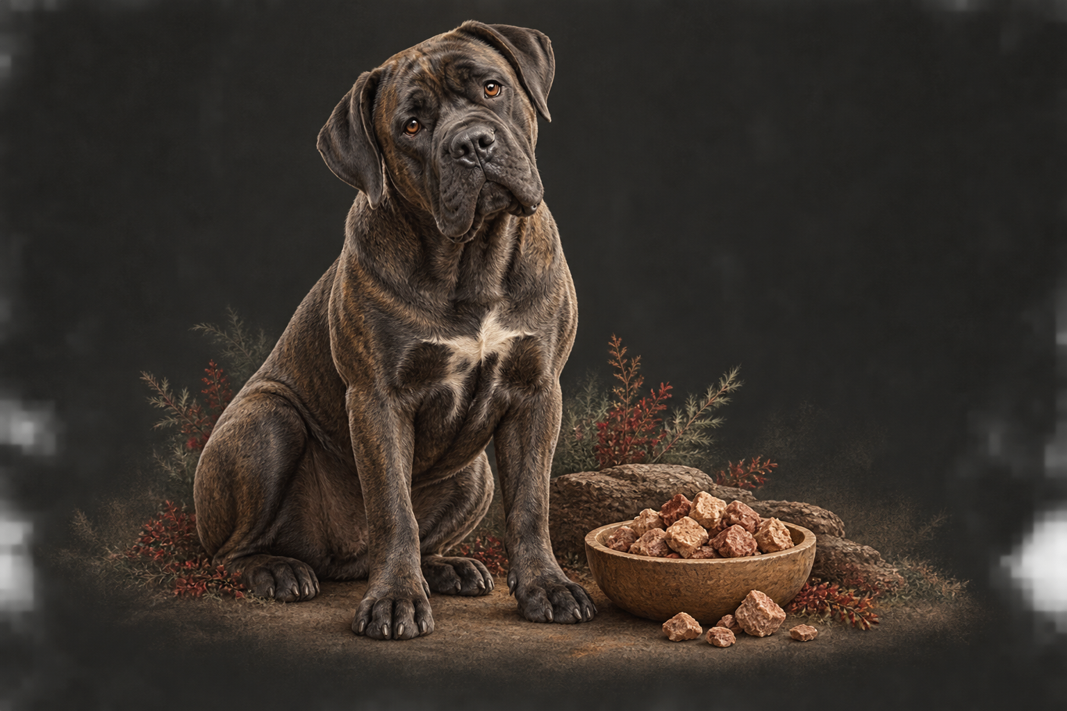 A curious brindle Cane Corso beside a wooden bowl of freeze-dried treats