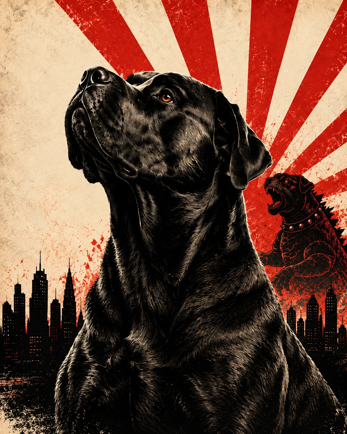 Dogzilla’s black brindle Cane Corso in vintage monster-poster artwork